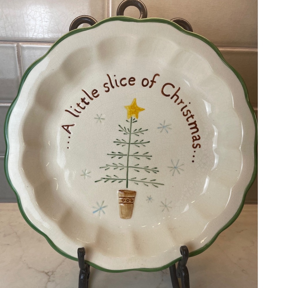 Russ Berrie Christmas Tree Ceramic Pie Dish Scalloped 12 Inch Holiday Baker